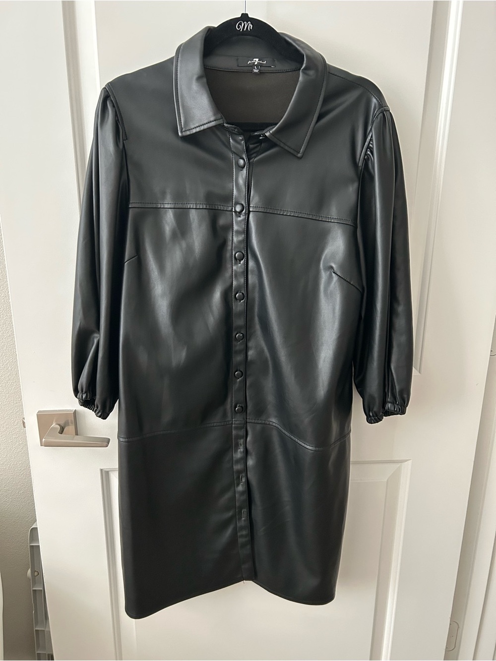 7 For All Mankind Black Faux Leather Button-Front Coat Dress